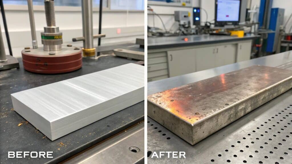 alt with keywords: graph showing the reduction in strength of a heat-treated aluminum alloy after exposure to high temperatures